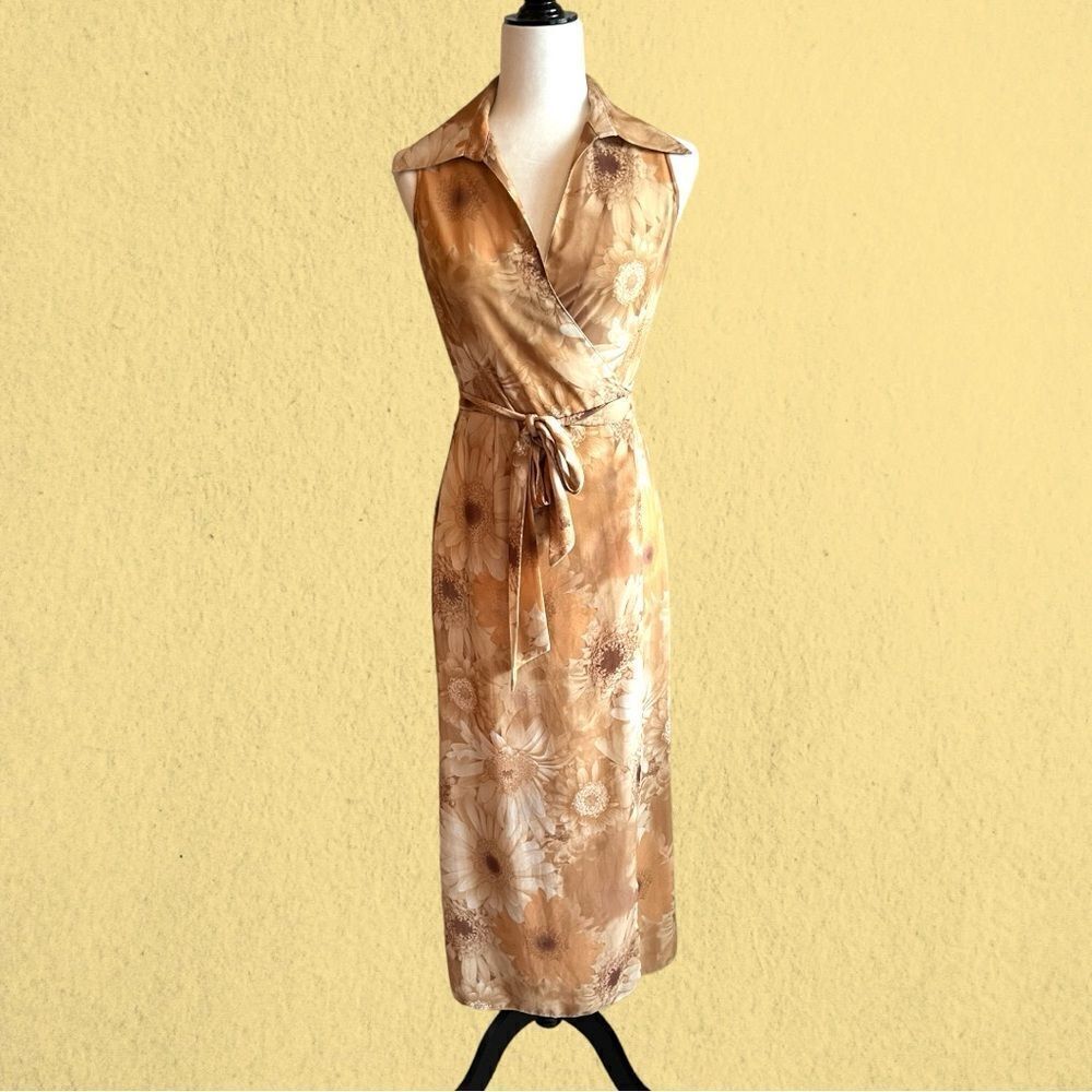 90s vintage collared wrap maxi sheer chiffon sunflower print dress